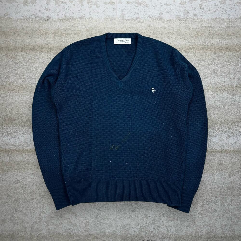 Vintage 90s Christian Dior Sweater Mens L Navy Blue Pullover V Neck